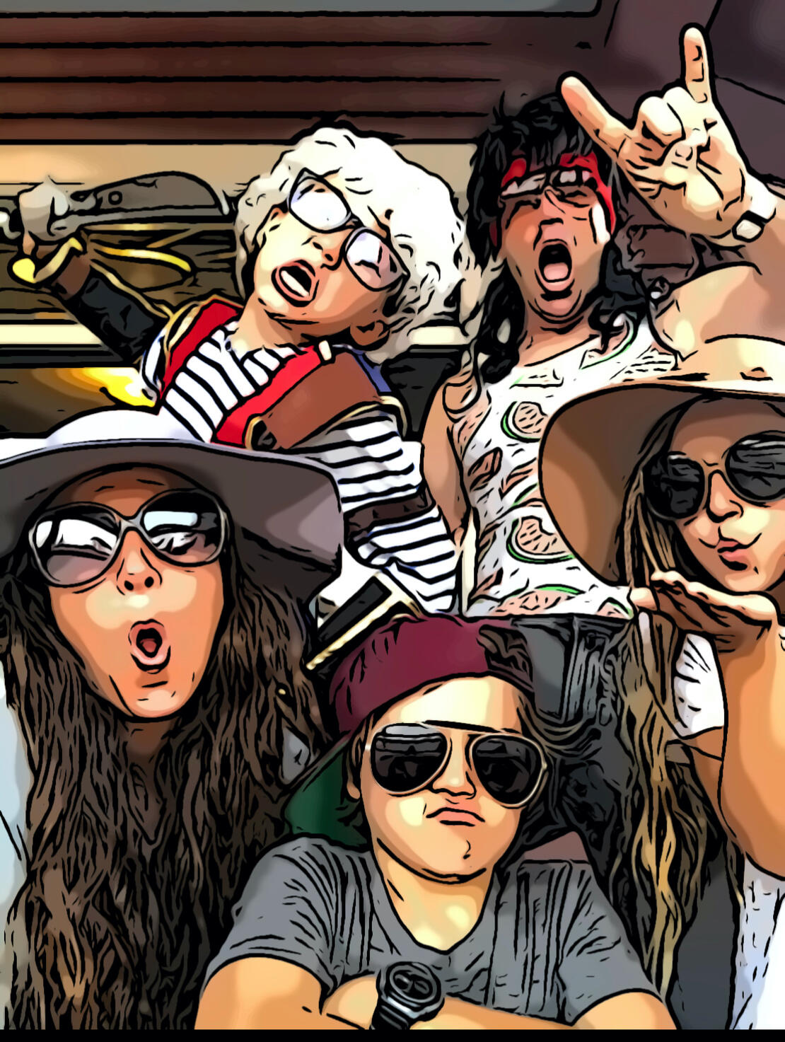 family photo with all five of us posing in ridiculous costumes