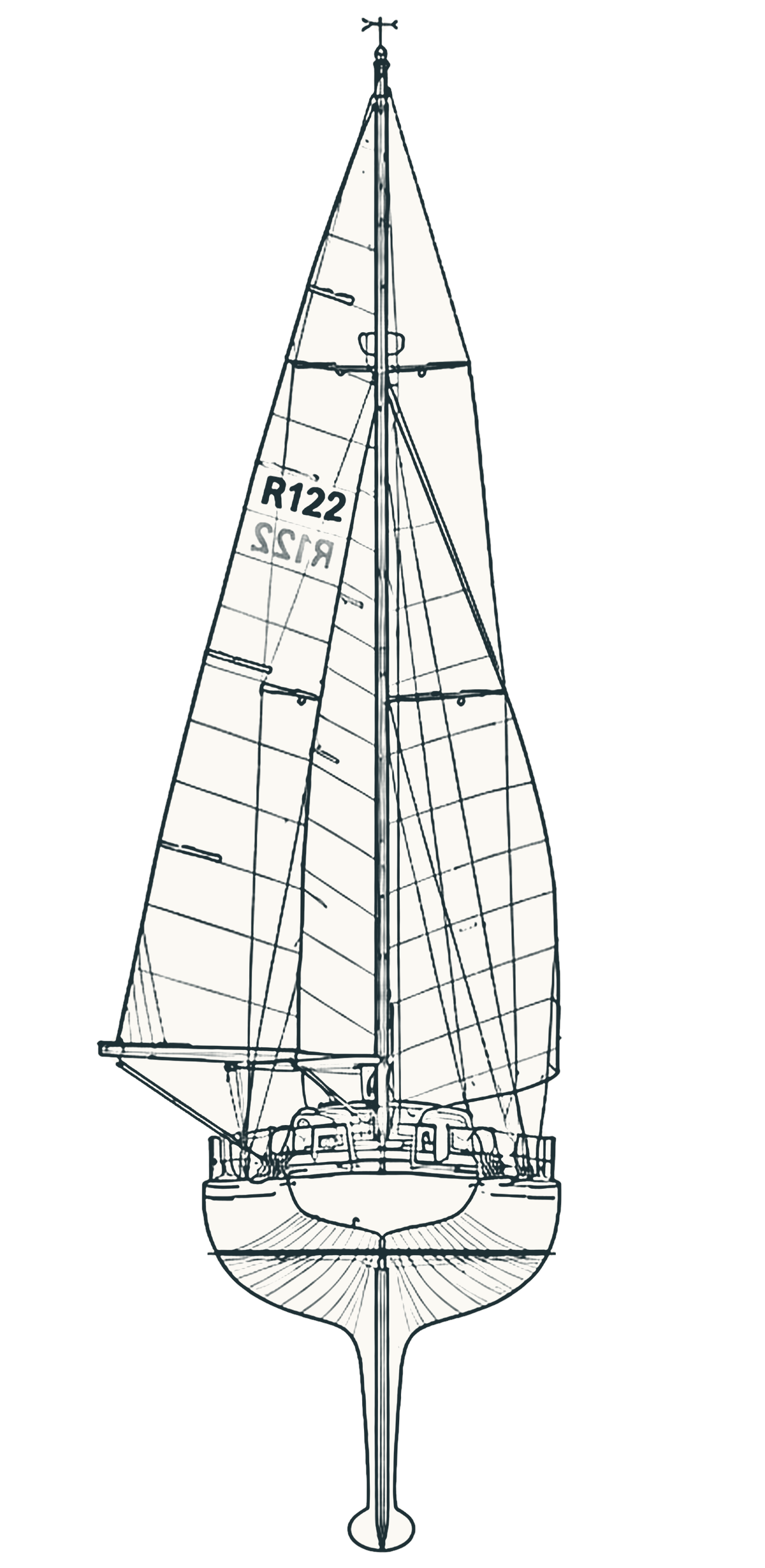 Keel boat Line drawing of a sailboat seen from the stern, with its keel below the waterline