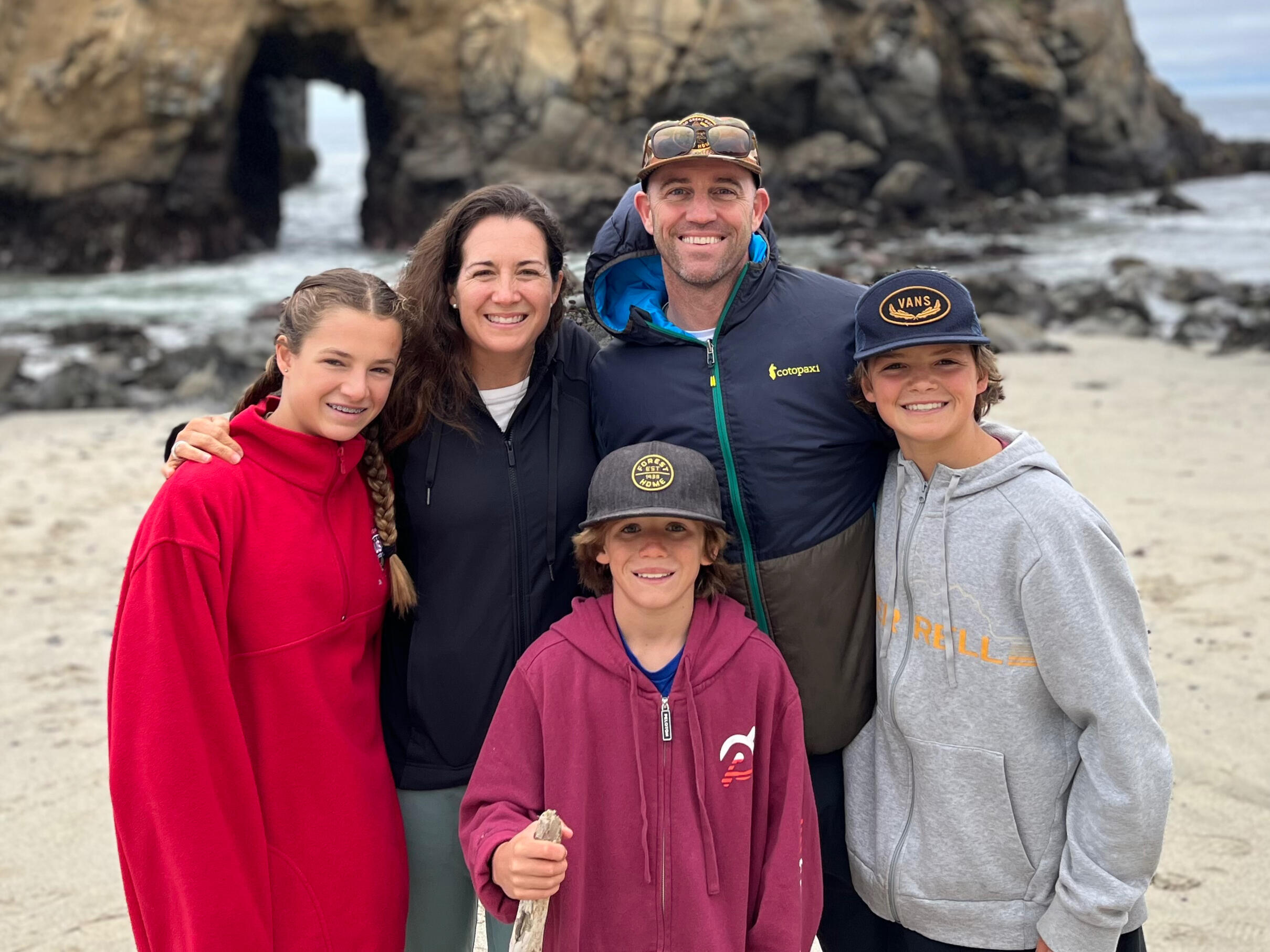 family photo with all five of us posing in ridiculous costumes